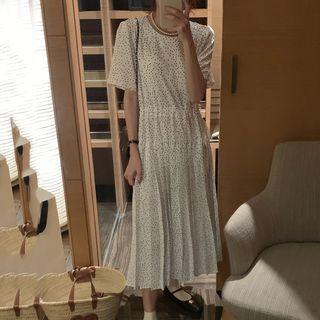 Elbow-sleeve Dotted Accordion Pleat Midi A-line Dress