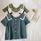 Color-block Single-breasted Square-neck Short-sleeve Blouse