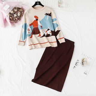 Set: Round Neck Cartoon Sweater + Knit Midi Skirt