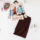 Set: Round Neck Cartoon Sweater + Knit Midi Skirt