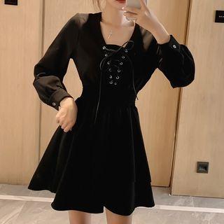 Lace-up Long-sleeve Mini A-line Dress