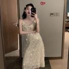 Spaghetti Strap Midi Sequined Dress / Sequined Camisole / Bell-sleeve Chiffon Top