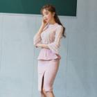 Set: Short-sleeve Lace Top + Slit Sheath Skirt