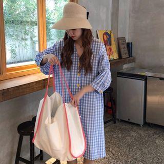Long-sleeve Plaid Dress Plaid - Blue - One Size