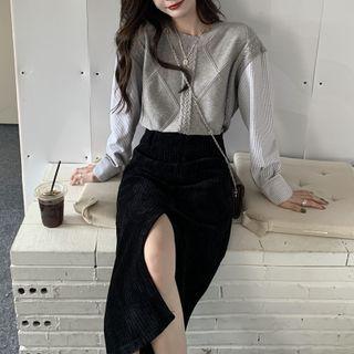 Mock Two-piece Knit Panel Top / Slit Midi A-line Skirt