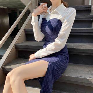Pinstriped Panel Asymmetrical Midi Sheath Dress