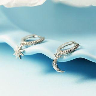 Asymmetrical Rhinestone Star & Moon Hoop Earring