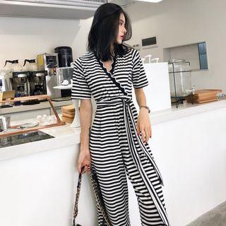 Striped Short Sleeve Cropped Jumpsuit