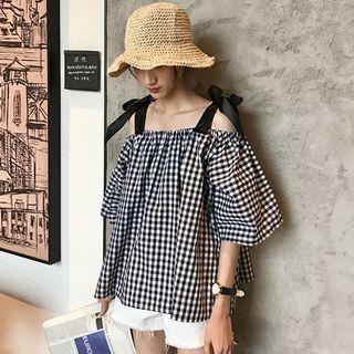 Gingham Open Shoulder Elbow-sleeve Blouse