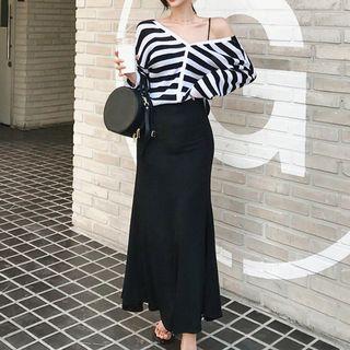 Set: Striped Knit Jacket + High Waist Midi Skirt
