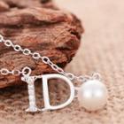925 Sterling Silver Rhinestone Lettering Faux Pearl Necklace