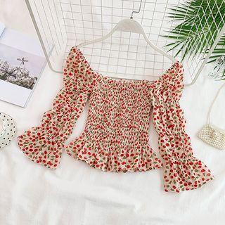 Cherry Print Long-sleeve Shirred Top