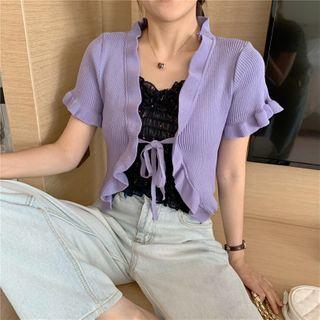 Short-sleeve Frill Trim Tie-waist Cardigan