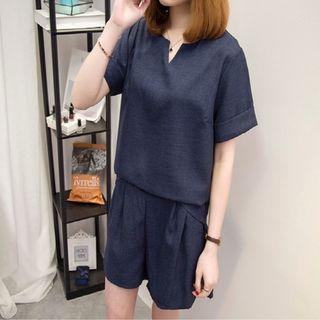 Set: Short-sleeve Notch Neck Top + High-waist Shorts