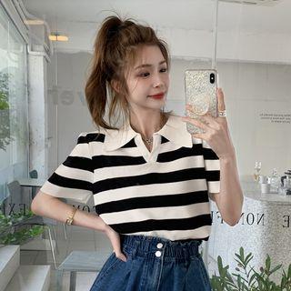 Short-sleeve Striped Collared Top Striped - Black & White - One Size