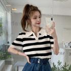 Short-sleeve Striped Collared Top Striped - Black & White - One Size