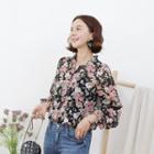 Frilled-neck Tie-cuff Floral Blouse