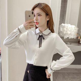 Tweed Trim Bow Chiffon Shirt