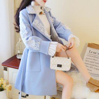 Notch-lapel Lace-trim Buttoned Coat