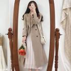 Double Breasted Long Coat / Floral Print Blouse / Pleated Midi Skirt