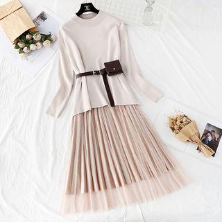 Set: Round Neck Sweater + Mesh Overlay Midi Skirt