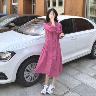 Long-sleeve Plain Midi Shirtdress Rose Pink - One Size