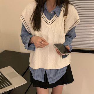 Long-sleeve Striped Shirt / Pleated Mini A-line Skirt / Sweater Vest