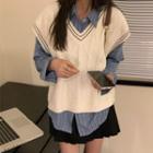 Long-sleeve Striped Shirt / Pleated Mini A-line Skirt / Sweater Vest