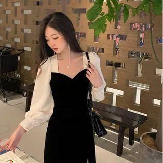 Puff-sleeve Paneled Midi A-line Slit Dress