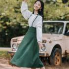 Set: Boatneck Fringed Chiffon Blouse + A-line Midi Jumper Skirt