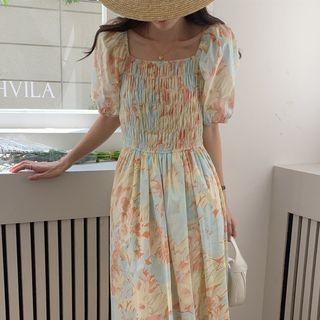 Short-sleeve Floral Midi A-line Dress Floral - Light Blue & Tangerine - One Size