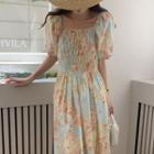 Short-sleeve Floral Midi A-line Dress Floral - Light Blue & Tangerine - One Size