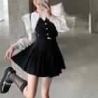 Lace Trim Collared Blouse / Pleated Mini A-line Skirt / Button-up Vest / Set