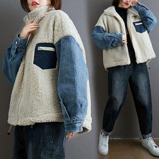 Denim Panel Lantern-sleeve Jacket Almond - L