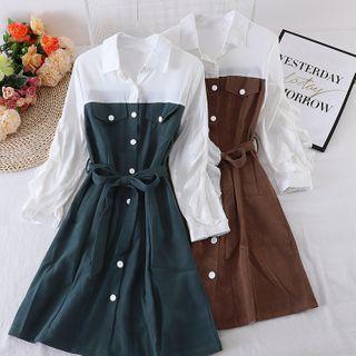 Mock Two-piece Long-sleeve Panel Shirtdress
