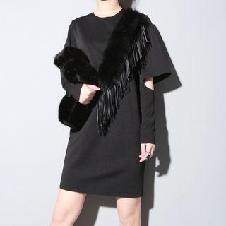 Fringed Furry Trim Cut Out Detailed Long Sleeve Dress