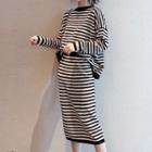Set: Striped Sweater + Striped Midi Knit Straight-fit Skirt