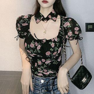 Puff-sleeve Floral Print Cutout Top Floral - Black - One Size