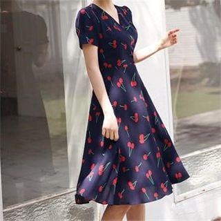 Wrap-front Cherry Pattern Dress