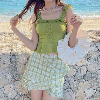 Set: Sleeveless Ruffled Swim Top + Plaid Swim Skirt