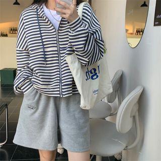 Two Tone Stripe Zip Hooded Oversize Jacket