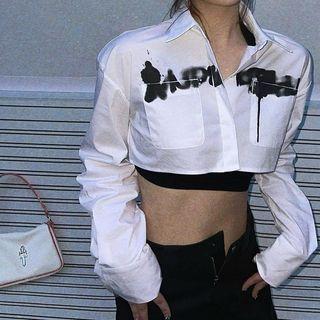 Printed Long Sleeve Collar Cropped Shirt