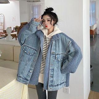 Faux-shearling Panel Denim Jacket