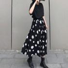 Side-slit Elbow-sleeve T-shirt / Dotted Midi A-line Skirt
