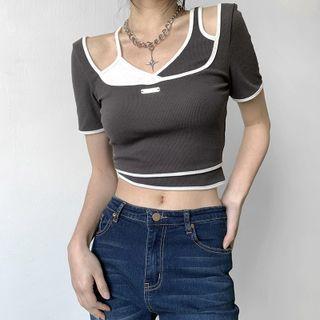 Mock-two-piece Short-sleeve Crop Top