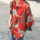 Elbow-sleeve Printed Shirt Red - One Size