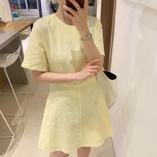 Round-neck Pintuck-trim Linen Blend Dress
