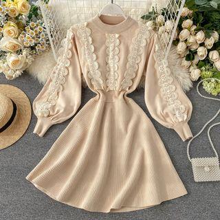 Lace Trim Balloon-sleeve A-line Mini Knit Dress
