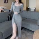 Long-sleeve U-neck Plain Top / Side-slit Skirt