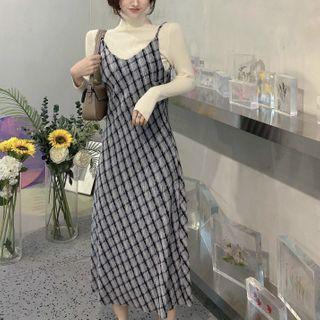 Spaghetti Strap Plaid Midi A-line Dress / Long-sleeve Turtleneck T-shirt